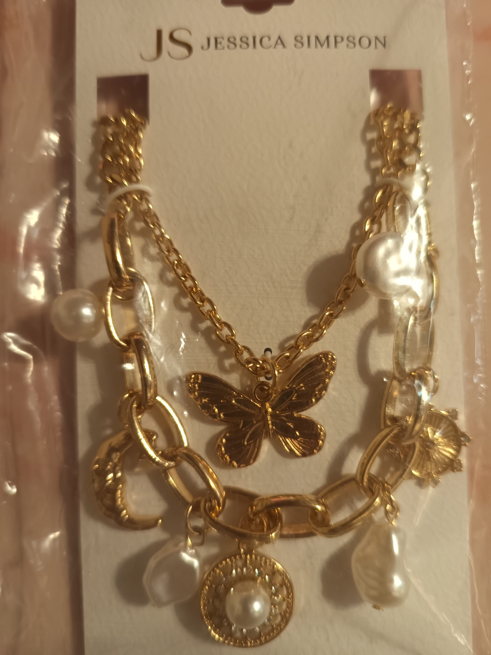 Jessica Simpson Gold Butterfly Charm Necklace with Pearl Accents